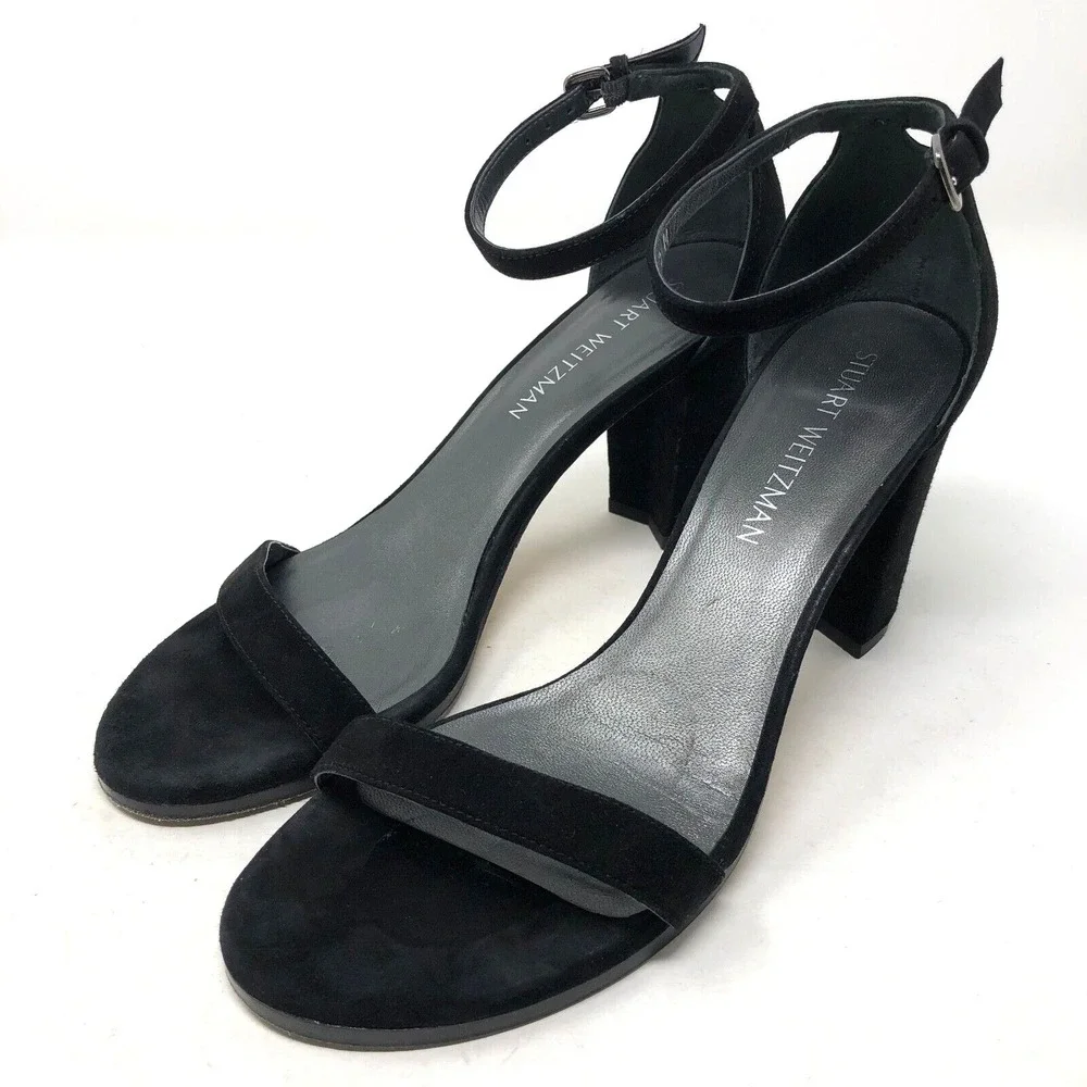 Stuart Weitzman Nearly Nude Strappy Block Heels Womens 9 Black Suede Going Out‎